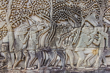 Bas-relief carvings in Bayon Temple in Angkor Thom, Angkor, UNESCO World Heritage Site, Siem Reap Province, Cambodia, Indochina, Southeast Asia, Asia 