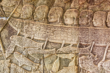 Bas-relief carvings in Bayon Temple in Angkor Thom, Angkor, UNESCO World Heritage Site, Siem Reap Province, Cambodia, Indochina, Southeast Asia, Asia 