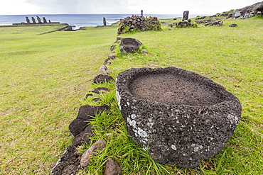 House foundation and seven moai in the Tahai Archaeological Zone on Easter Island (Isla de Pascua) (Rapa Nui), UNESCO World Heritage Site, Chile, South America