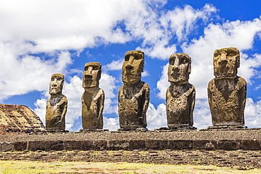 Details of moai at the 15 moai restored ceremonial site of Ahu Tongariki on Easter Island (Isla de Pascua) (Rapa Nui), UNESCO World Heritage Site, Chile, South America