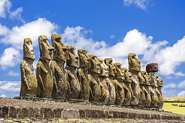 Fifteen moai at the restored ceremonial site of Ahu Tongariki on Easter Island (Isla de Pascua) (Rapa Nui), UNESCO World Heritage Site, Chile, South America