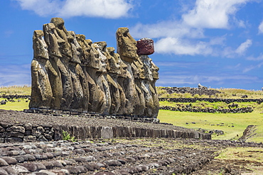 Fifteen moai at the restored ceremonial site of Ahu Tongariki on Easter Island (Isla de Pascua) (Rapa Nui), UNESCO World Heritage Site, Chile, South America