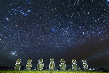 Seven Moai under the stars on a moonless night at Ahu Akivi on Easter Island (Isla de Pascua) (Rapa Nui), UNESCO World Heritage Site, Chile, South America