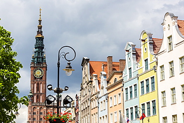 The Long Market, Dlugi Targ, with town hall clock, Gdansk, Poland, Europe