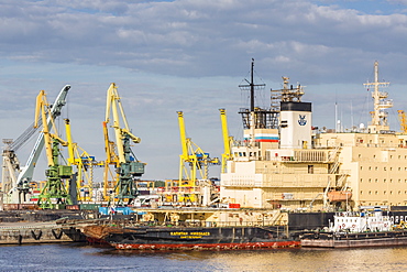 The busy shipyards in the Sea Port of St. Petersburg, on the Neva River, Russia, Europe