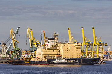 The busy shipyards in the Sea Port of St. Petersburg, on the Neva River, Russia, Europe