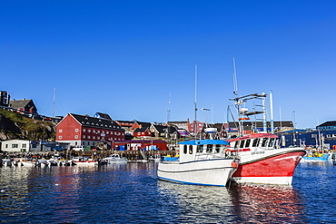 Commercial fishing and whaling boats line the busy inner harbor in the town of Ilulissat, Greenland, Polar Regions