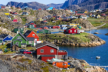 View of the brightly colored houses in Sisimiut, Greenland, Polar Regions