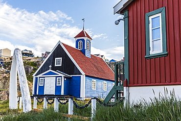 Whale jawbone archway to church in Sisimiut, Greenland, Polar Regions