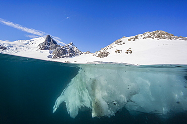 Above and below view of glacial ice in Orne Harbor, Antarctica, Polar Regions