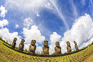 Seven Moai at Ahu Akivi, the first restored altar, Rapa Nui National Park, UNESCO World Heritage Site, Easter Island (Isla de Pascua), Chile, South America