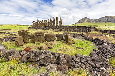 Partial moai heads  in a circle at the 15 moai restored ceremonial site of Ahu Tongariki, Rapa Nui National Park, UNESCO World Heritage Site, Easter Island (Isla de Pascua), Chile, South America