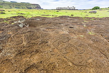 Petroglyphs carved in the lava at the 15 moai restored ceremonial site of Ahu Tongariki, Rapa Nui National Park, UNESCO World Heritage Site, Easter Island (Isla de Pascua), Chile, South America