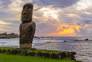 A single moai at Fisherman's Harbor in the town of Hanga Roa, Rapa Nui National Park, UNESCO World Heritage Site, Easter Island (Isla de Pascua), Chile, South America