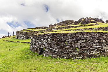 One of 53 stone masonry houses at Orongo, a stone village and Birdman ceremonial site at the southwestern tip of Easter Island, Rapa Nui National Park, UNESCO World Heritage Site, Easter Island (Isla de Pascua), Chile, South America