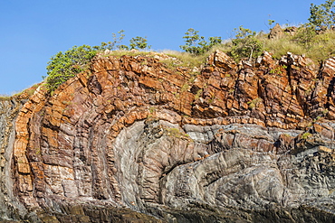 The 1.7 billion year old Elgee sandstone cliffs in Yampi Sound, Kimberley, Western Australia, Australia, Pacific