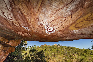 Aboriginal Wandjina cave artwork in sandstone caves at Raft Point, Kimberley, Western Australia, Australia, Pacific