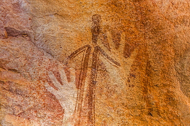 Rock art endemic to the Kimberley, called Gwion Gwion or Bradshaw Art, Vansittart Bay, Kimberley, Western Australia, Australia, Pacific