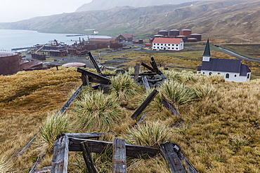 Overview of the abandoned whaling station in Grytviken Harbor, South Georgia, Polar Regions