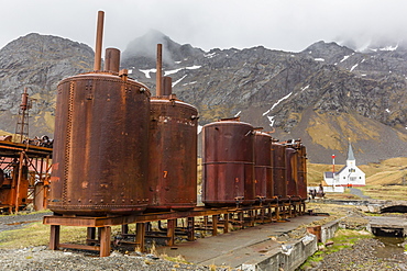 Rusting machinery at the abandoned whaling station in Grytviken Harbor, South Georgia, Polar Regions