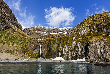 Snowmelt waterfall in Hercules Bay, South Georgia, Polar Regions