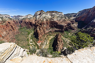 View of the valley floor from Angel's Landing Trail in Zion National Park, Utah, United States of America, North America