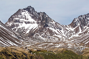 Fresh dusting of snow on the mountains surrounding Godthul, South Georgia, UK Overseas Protectorate, Polar Regions