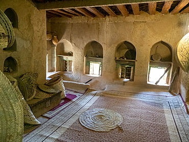 Interior view of a classic mud construction house in Bait Al Safah, Al Hamra, Sultanate of Oman, Middle East