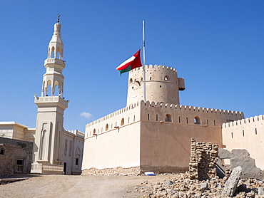 The Omani flag at half mast to signify the death of Sultan Qaboos at Ras Al Had Castle, Sultanate of Oman, Middle East