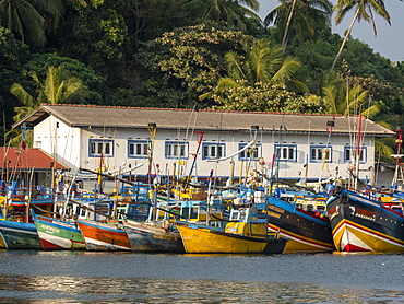 Commercial fishing boats line the dock in the port of Mirissa, Indian Ocean, Sri Lanka, Asia