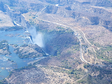 Aerial view of Victoria Falls on the Zambezi River, UNESCO World Heritage Site, straddling the border of Zambia and Zimbabwe, Africa