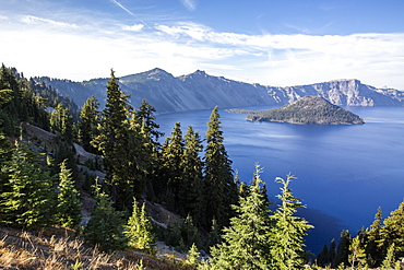 Wizard Island in Crater Lake, the deepest lake in the United States, Crater Lake National Park, Oregon, United States of America, North America