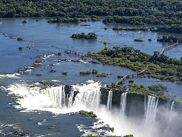 Aerial view by helicopter of Iguacu Falls (Cataratas do Iguacu), UNESCO World Heritage Site, Parana, Brazil, South America