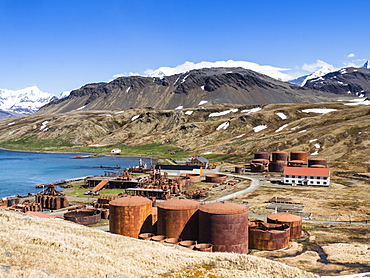 Rusting machinery at the abandoned Norwegian whaling station at Grytviken, East Cumberland Bay, South Georgia, Polar Regions