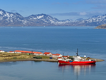 British Antarctic Survey research ship at King Edward Point in East Cumberland Bay, South Georgia, Polar Regions