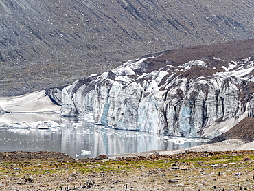 Glacier and meltwater lake in St. Andrews Bay, South Georgia, Polar Regions