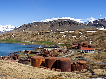 Rusting machinery at the abandoned Norwegian whaling station at Grytviken, East Cumberland Bay, South Georgia, Polar Regions