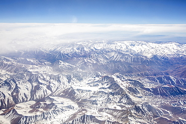 Aerial view of the snow-capped Andes Mountain Range, Chile, South America