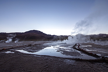 Pre-dawn light on the Geysers del Tatio (El Tatio), the third largest geyser field in the world, Andean Central Volcanic Zone, Antofagasta Region, Chile, South America