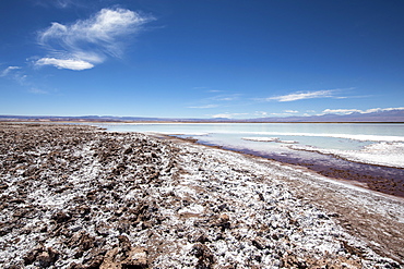 Laguna Tebenquicne, a salt water lagoon in the Salar de Atacama, Los Flamencos National Reserve, Chile, South America