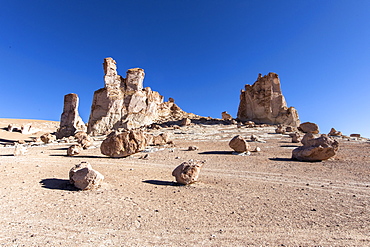 Stone formations at Salar de Tara y Aguas Calientes I, Los Flamencos National Reserve, Antofagasta Region, Chile, South America