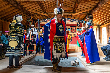 Tlingit performance in the longhouse on the Chilkat River, Haines, Southeast Alaska, United States of America, North America