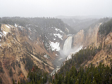 Yellowstone waterfall during a snowstorm in Yellowstone National Park, UNESCO World Heritage Site, Wyoming, United States of America, North America