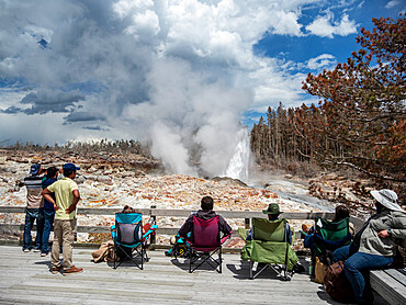 Steamboat Geyser, the worlds tallest active geyser, steaming in Yellowstone National Park, UNESCO World Heritage Site, Wyoming, United States of America, North America