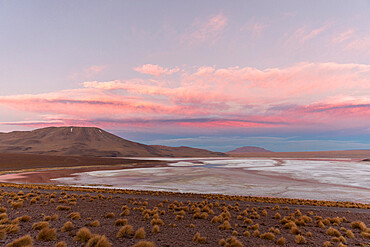 Sunset over an endorheic salt lake in the altiplano, Eduardo Avaroa Andean Fauna National Reserve, Bolivia, South America