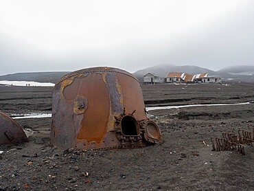 The remains of an old whaling station at Deception Island, an active volcano which last erupted in 1969, Antarctica, Polar Regions