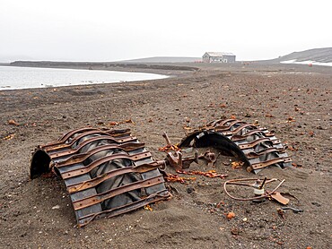 The remains of an old tractor at Deception Island, an active volcano which last erupted in 1969, Antarctica, Polar Regions