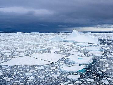 Stormy weather over pack ice and icebergs near Adelaide Island, Antarctica, Polar Regions