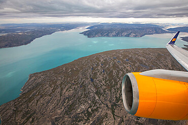 An aerial view of the Greenland ice cap from a commercial flight to Kangerlussuaq, Western Greenland, Denmark, Polar Regions