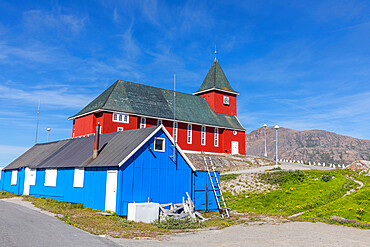 Exterior view of the New Church, built in 1926, in the Town centre in the city of Sisimiut, Greenland, Denmark, Polar Regions